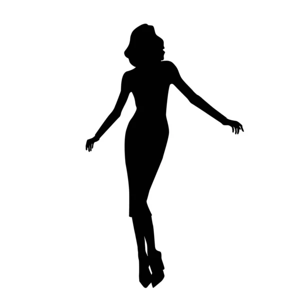 Silueta de elenante femenino de mujer sexy con estilo en vestido ajustado. Vector negro — Vector de stock