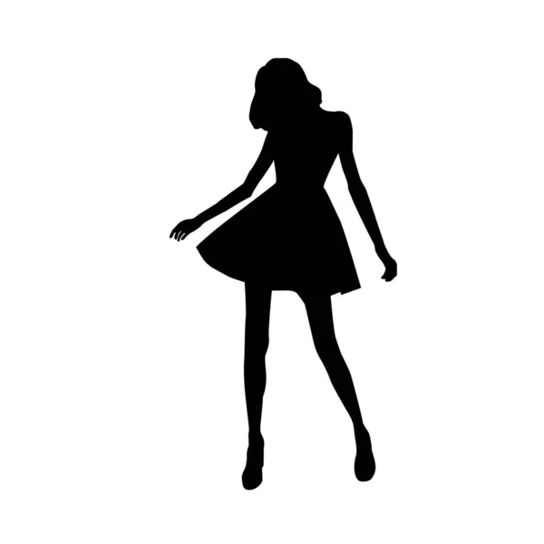 Mujer bailando en mini vestido, silueta vector negro — Vector de stock