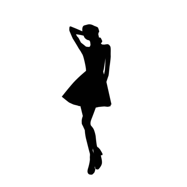 Posing woman in mini dress, black vector silhouette — Stock Vector