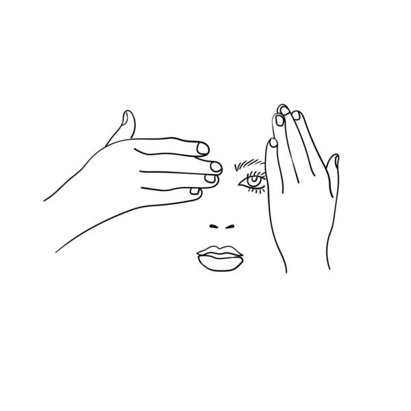 Les mains ferment les yeux et le visage de la jeune femme, gestes ligne art, linéaire hipster girls visage — Image vectorielle