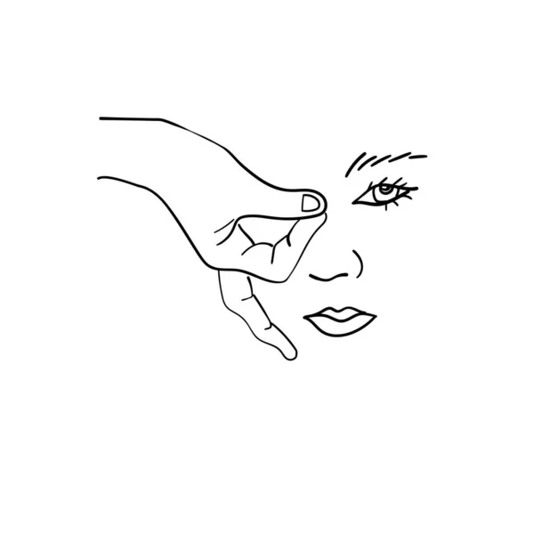 Le mani chiudono l'occhio e il viso della giovane donna, gesti line art, lineari hipster ragazze faccia — Vettoriale Stock