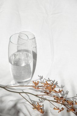 Bej keten kumaş arka planda kristal vazo ve ağaç dalı. İç dekorasyon kavramında minimalist biçim