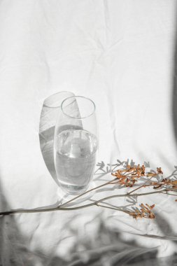 Bej keten kumaş arka planda kristal vazo ve ağaç dalı. İç dekorasyon kavramında minimalist biçim