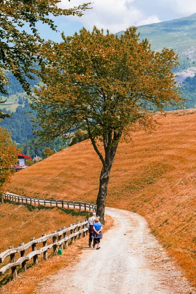 Starsza para spaceruje po górskim szlaku jesienią — Zdjęcie stockowe