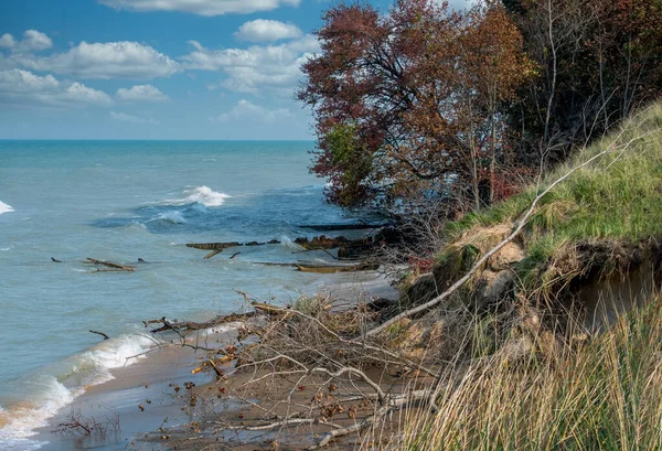 Signs Beach Erosion Evident Fall Scene Shores Great Lake Michigan — Stock Photo, Image