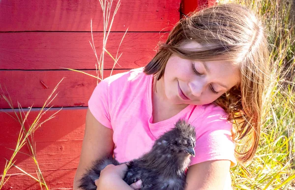 Jeune Fille Câline Avec Poulet Animal Compagnie Qui Pond Ses — Photo