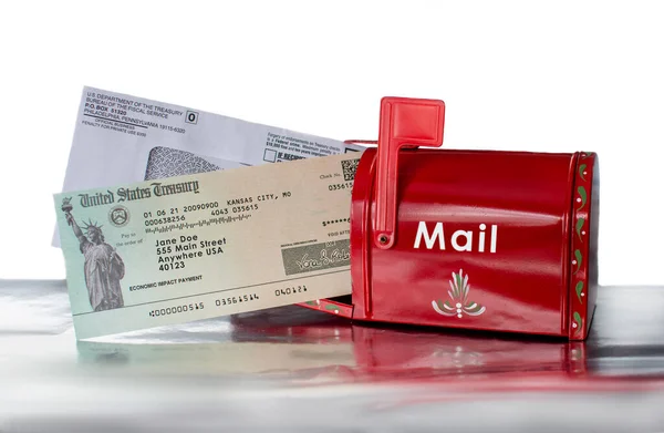 Small Red Mail Box Holds Economic Relief Check Government Covid — Stock Photo, Image