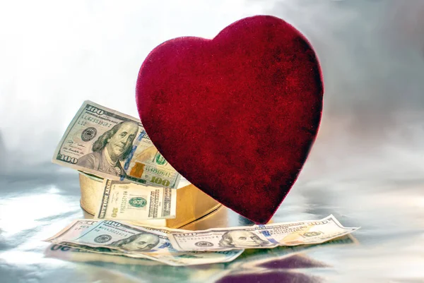 Heart Box Filled Large Bills Instead Cash Some Love Money — Stock Photo, Image