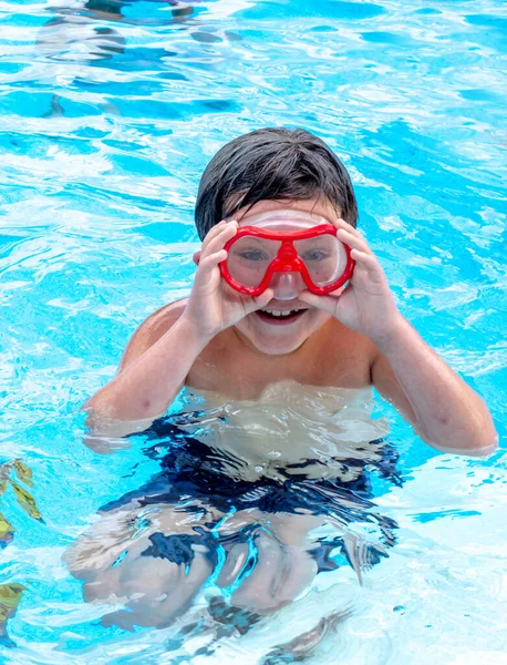 Smiling Boy Goggles Ground Swimming Pool — Stock Photo, Image