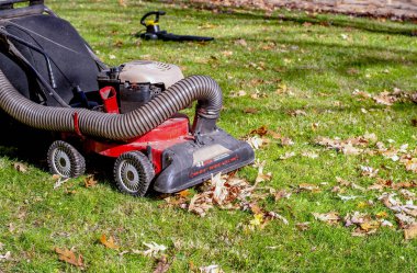 Sonbahar çim ekipmanları gaz gücüyle çalışan bir yaprak vakumunu ve arka planda da bir yaprak üfleyicisini içerir. Düşen yaprağı daha kolay temizlemeye yarayan araçlar