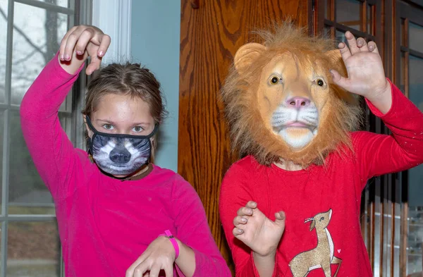 Two Girls Model Animal Masks Funny Photo — Stock Photo, Image