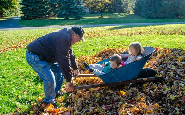 Grandpa spelar med barnbarn i en hög med löv — Stockfoto