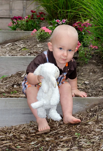 Criança bonito com cordeiro de pelúcia — Fotografia de Stock