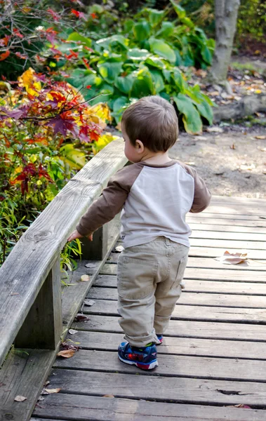 Kleiner Junge auf einer alten Holzbrücke — Stockfoto