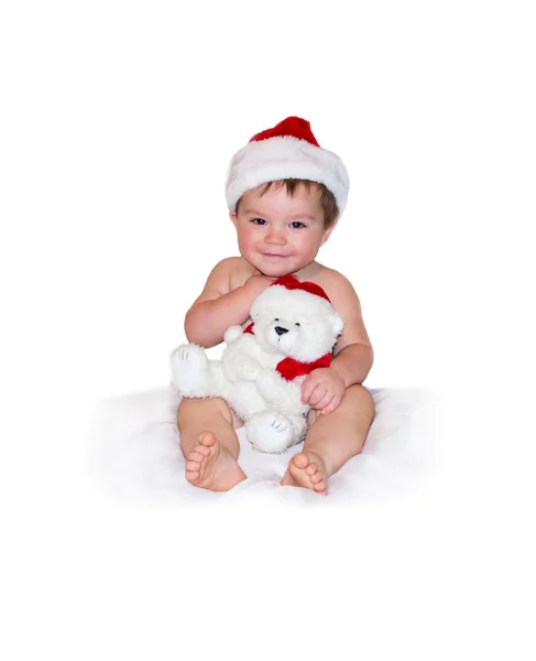 Happy little Santa with polar bear — Stock Photo, Image