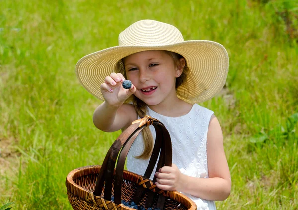 Enfant et un panier de bleuets — Photo