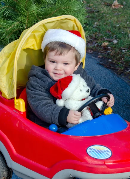 Toddler boy with christmas polar bear — Stock Photo, Image