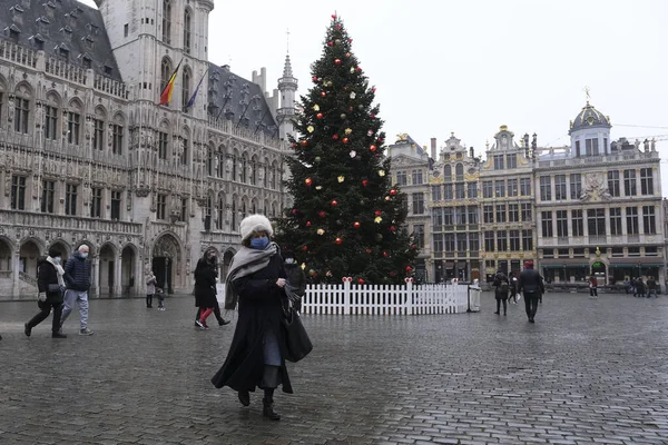 2020年11月30日 人们参观了比利时布鲁塞尔的一个装饰着圣诞树的大广场 位于布鲁塞尔大广场的圣诞树今年被装饰成 的主题 — 图库照片