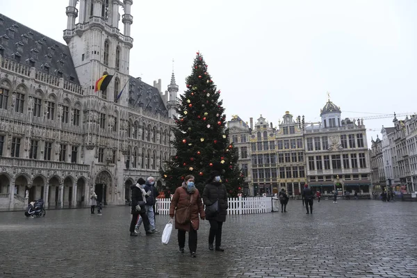 2020年11月30日 人们参观了比利时布鲁塞尔的一个装饰着圣诞树的大广场 位于布鲁塞尔大广场的圣诞树今年被装饰成 的主题 — 图库照片