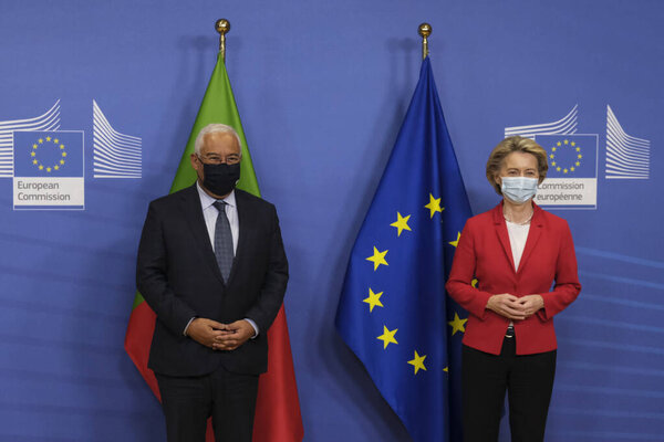 European Commission President Ursula von der Leyen, right, welcomes Portugal's Prime Minister Antonio Costa prior to a meeting at EU headquarters in Brussels, Belgium on Dec. 1, 2020.