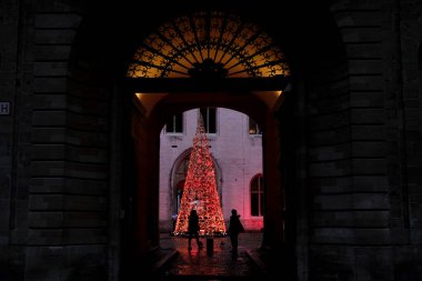 23 Aralık 2020 'de Belçika, Brüksel' de bir Noel ağacıyla süslenmiş Grand Place 'i insanlar ziyaret ediyor.