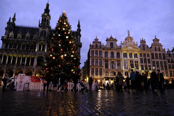 2020年12月23日 人们参观了比利时布鲁塞尔的一个装饰着圣诞树的大广场 — 图库照片