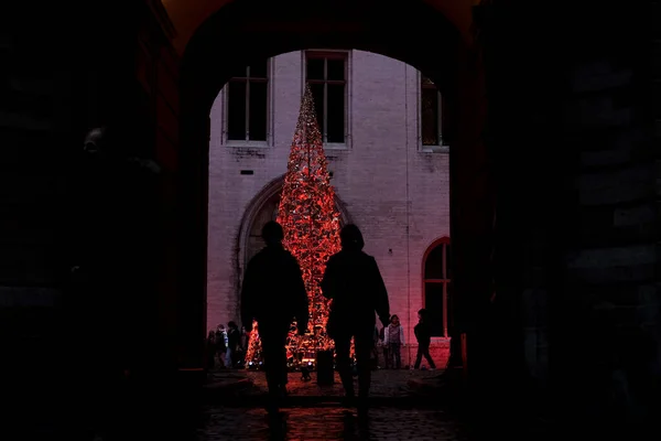 Lidé Navštíví Grand Place Zdobené Vánočním Stromečkem Bruselu Belgie Prosince — Stock fotografie
