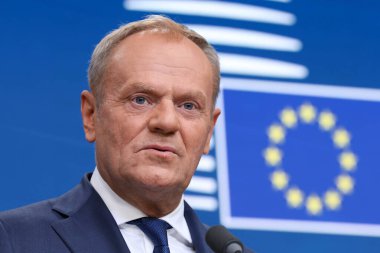 Polonya Başbakanı Donald Tusk, 27 Haziran 2025 'te Brüksel, Belçika' daki AB genel merkezinde düzenlenen AB Zirvesi basın toplantısında.