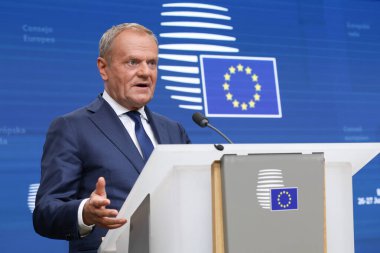 Polonya Başbakanı Donald Tusk, 27 Haziran 2025 'te Brüksel, Belçika' daki AB genel merkezinde düzenlenen AB Zirvesi basın toplantısında.