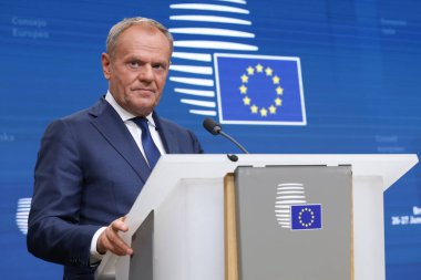 Polonya Başbakanı Donald Tusk, 27 Haziran 2025 'te Brüksel, Belçika' daki AB genel merkezinde düzenlenen AB Zirvesi basın toplantısında.