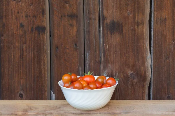 Cosecha Racimo Sabrosos Tomates Biológicos Rojos Tazón Blanco Deliciosas Verduras — Foto de Stock