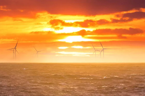 Renewable green electricity wind power generation offshore. Sunrise at decarbonization industry windmills business for regenerative energies. Clean energy renewables preventing climate change.