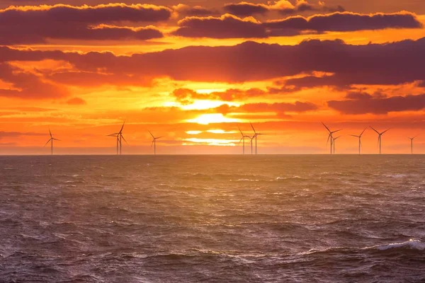 Erneuerbare Ökostrom Windenergie Aus Offshore Windkraft Sonnenaufgang Beim Geschäft Mit — Stockfoto