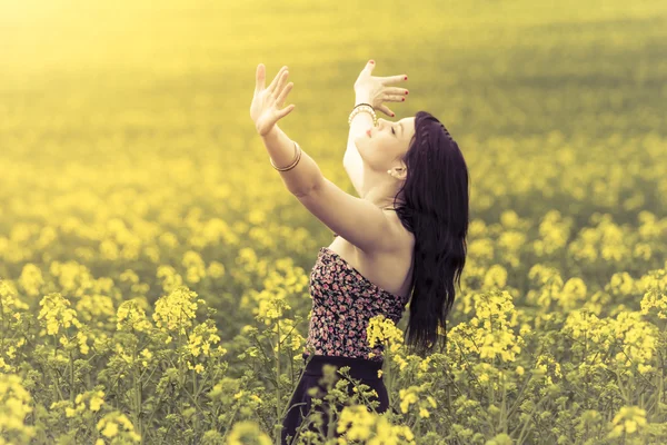 Schöne Frau auf einer Wiese aus gelben Blumen mit erhobenen Händen — Stockfoto