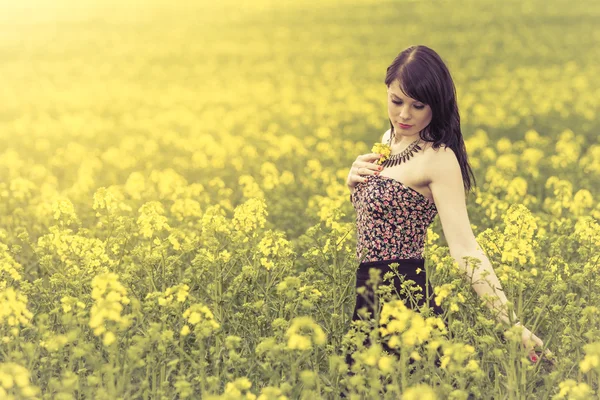 Beautiful woman in meadow of yellow flowers touching flower — Stock Photo, Image