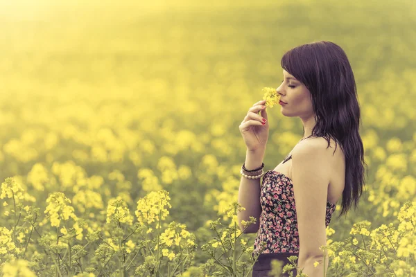 Belle femme dans le pré de fleurs jaunes renifler fleur — Photo