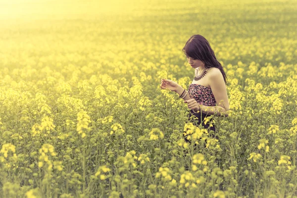 Mooie vrouw in de weide van gele bloemen neer te kijken — Stockfoto