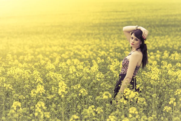 Schöne Frau auf einer Wiese aus gelben Blumen mit erhobenem Arm — Stockfoto