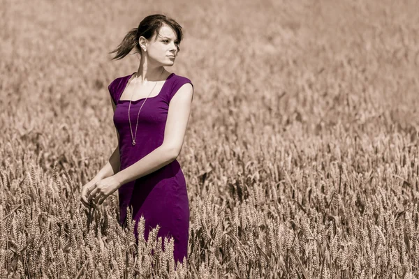Schönheit im Kornfeld mit lila Kleid — Stockfoto