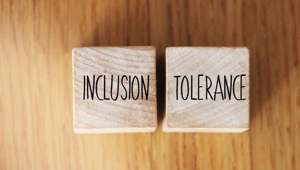 Inclusion Tolerance words written on wood blocks. social and business concept