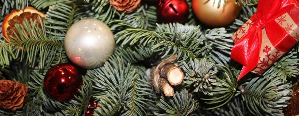 Kerstversiering Takken Van Dennenboom Breed Horizontaal Spandoek — Stockfoto