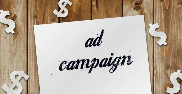 Страница Текстом Рекламная Кампания Бумажные Знаки Доллара Деревянном Столе Концепция — стоковое фото