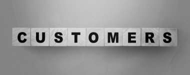 Müşteri sözcüğü ahşap bloklama yeşil gradyan hakkında. B2C iş pazarlama kavramı
