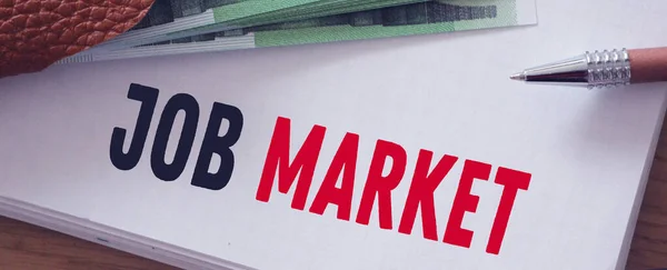 Job Market Napis Frazę Zapisaną Notatniku Poniżej 100 Banknotów Euro — Zdjęcie stockowe