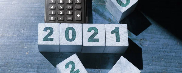 Wooden Cubes Numbers 2021 Calculator Beginning New Year Financial Year — Stock Photo, Image