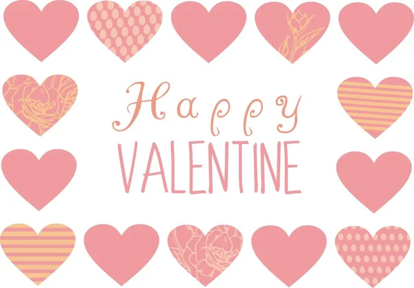 Χαρούμενο Valentine Soft ροζ γράμματα σε διακοσμημένο φόντο καρδιές. σχέδιο για ευχετήρια κάρτα διακοπών και πρόσκληση για την ημέρα αγάπης — Διανυσματικό Αρχείο