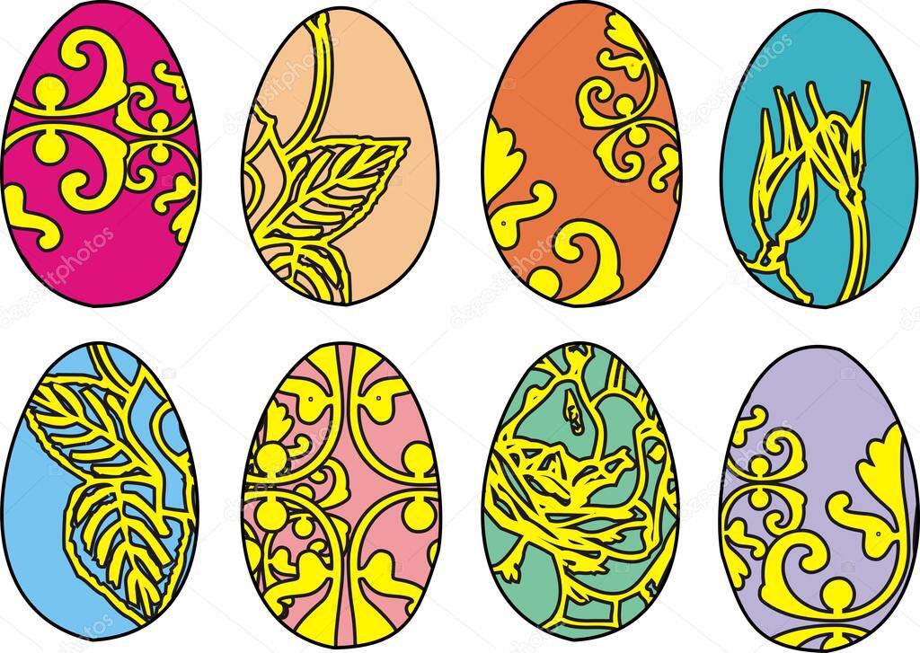 Vector set of eight easter eggs. Colorful easter eggs on white background. EPS 8