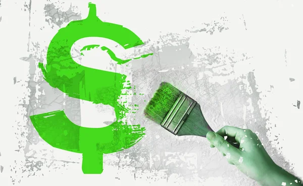 Green Dollar Sign Brush Hand Grundge White Grey Background Currency — Stock Photo, Image