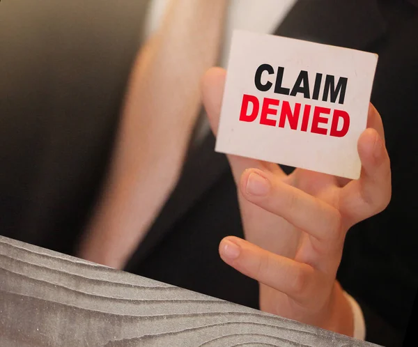 Claim Denied Words Card Hand Businessman Business Agreement Termination Sponsorship — Stock Photo, Image