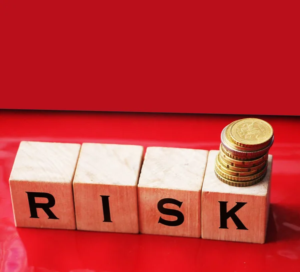 Risk Word Wooden Blocks Stack Coins Red Background Business Investment — Stock Photo, Image